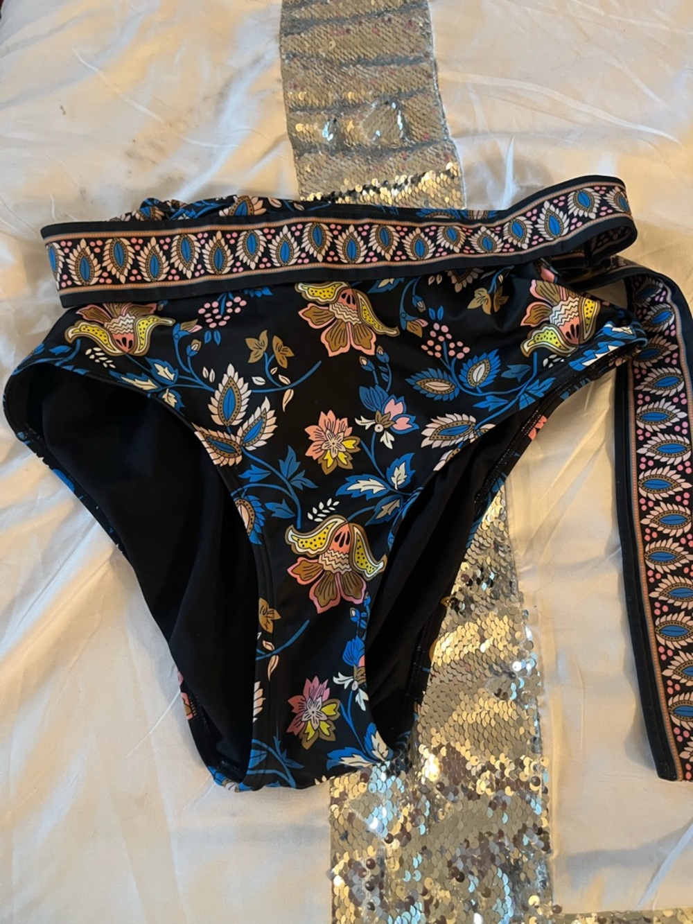 Floral Print High-Waist Bikini Bottom - Black/Pink/Blue